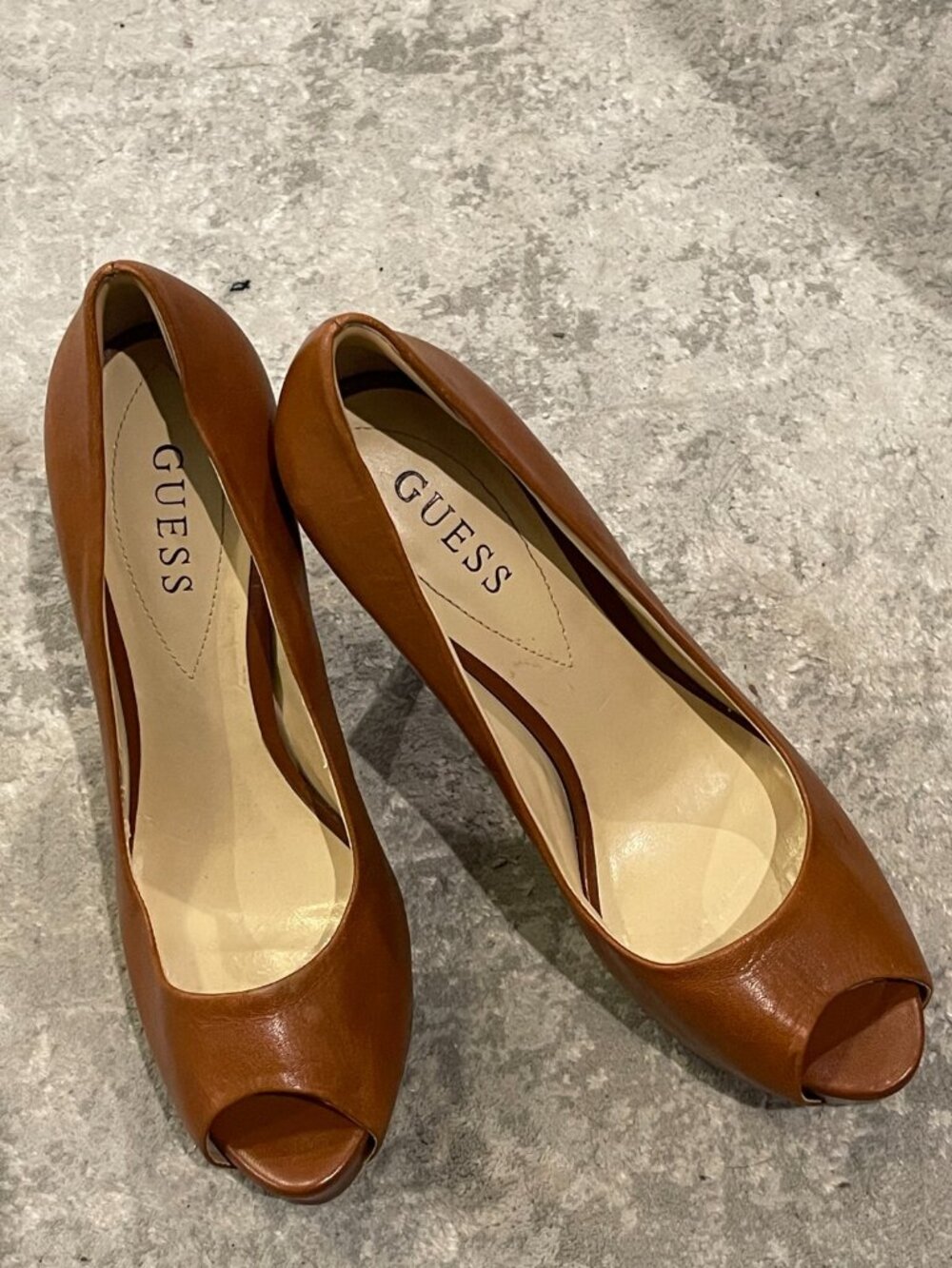 GUESS Nude Brown Peep Toe Platform Heels Women
